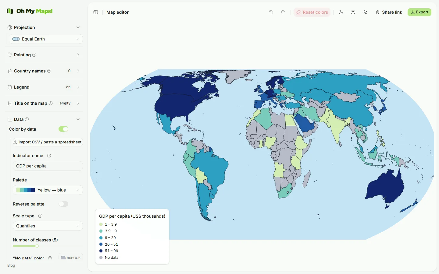 The Data panel in the sidebar controlling a choropleth map: the indicator name, a yellow-to-blue palette, a Quantiles scale type, a number-of-classes slider and a no-data colour, with the shaded map and legend beside it