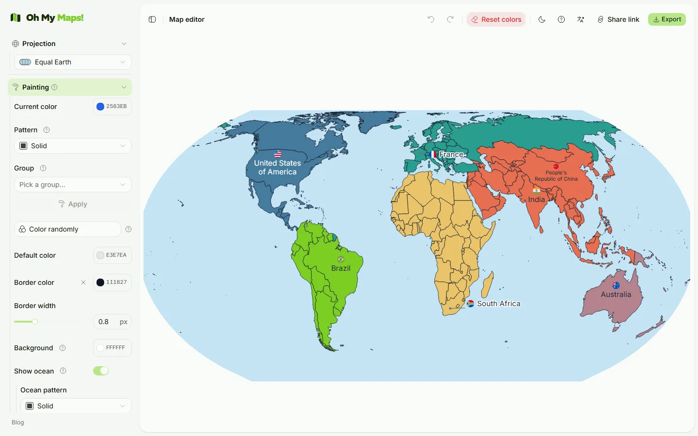 The Oh My Maps! world map editor interface: a colour-painted world map beside the left sidebar with the Painting, Country names, Legend and Data sections