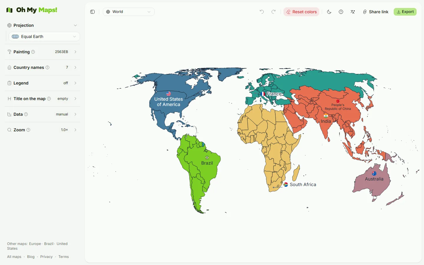 The Projection section of the sidebar with Equal Earth selected, beside the coloured world map