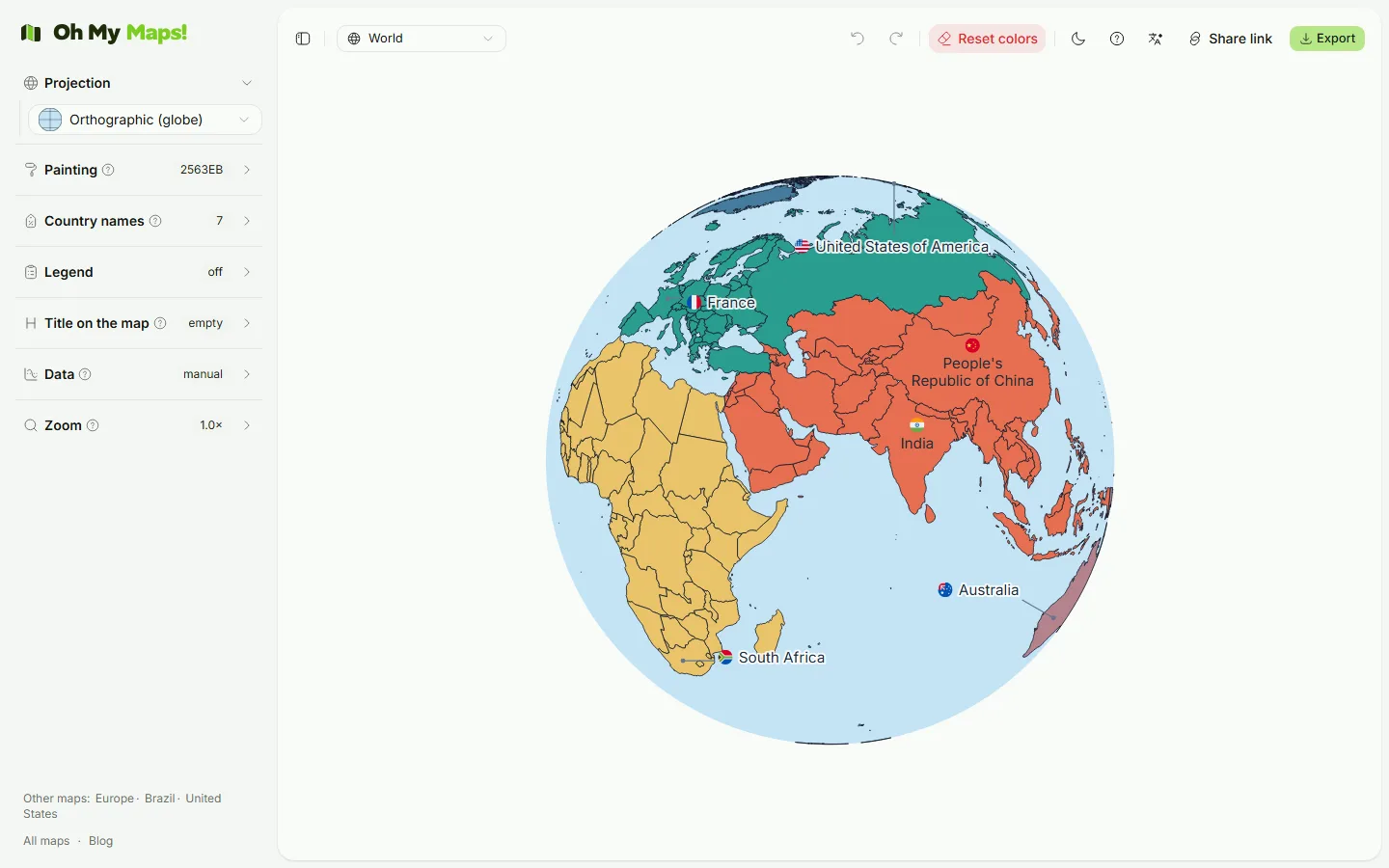 The Projection section of the sidebar with Orthographic selected, beside the coloured world map rendered as a rotatable globe