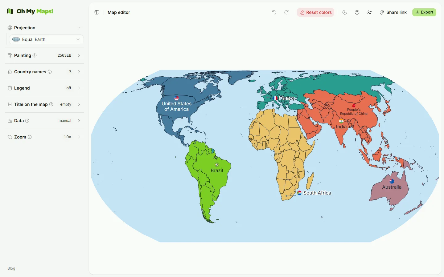 The Projection section of the sidebar, with a dropdown of the seven projections and Equal Earth selected, beside the coloured world map