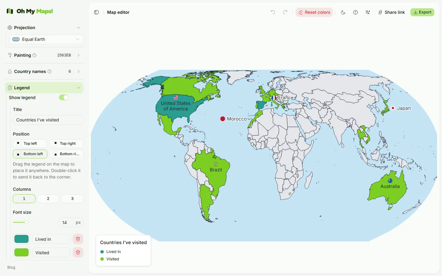 Editing the travel map legend in the sidebar: a title field reading “Countries I’ve visited”, corner position controls, and colour rows labelled “Lived in” and “Visited” matching the map